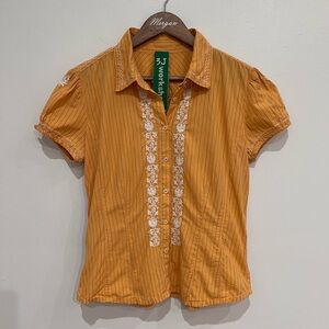 Johnny Was 3J Workshop Orange Embroidered 100% Cotton Button Down Blouse, Med